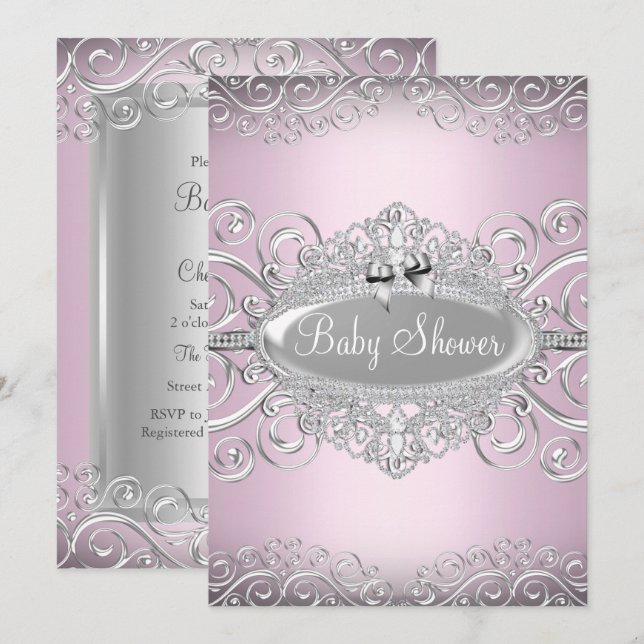 Invitación Chic Rosa y Plateado Damask Princesa Baby Shower (Anverso / Reverso)