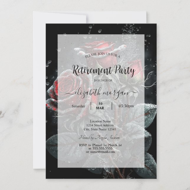 Invitación Chic Rosas Oscuras Rojas Caídas Marco Jubilación   (Anverso)