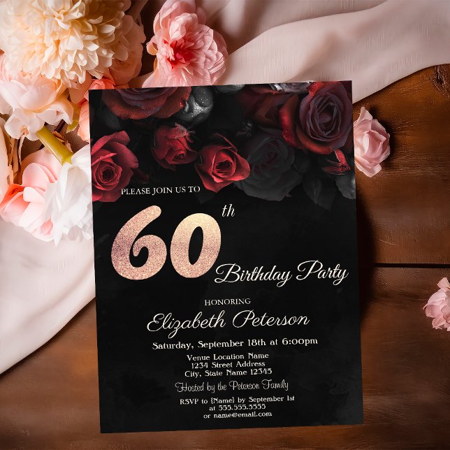 Invitación Chic Rosas Rojas Negras Cumpleaños 60 (Subido por el creador)