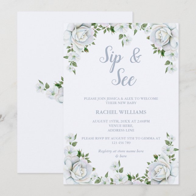 Invitación Chic Rose Border Sip & See (Anverso / Reverso)