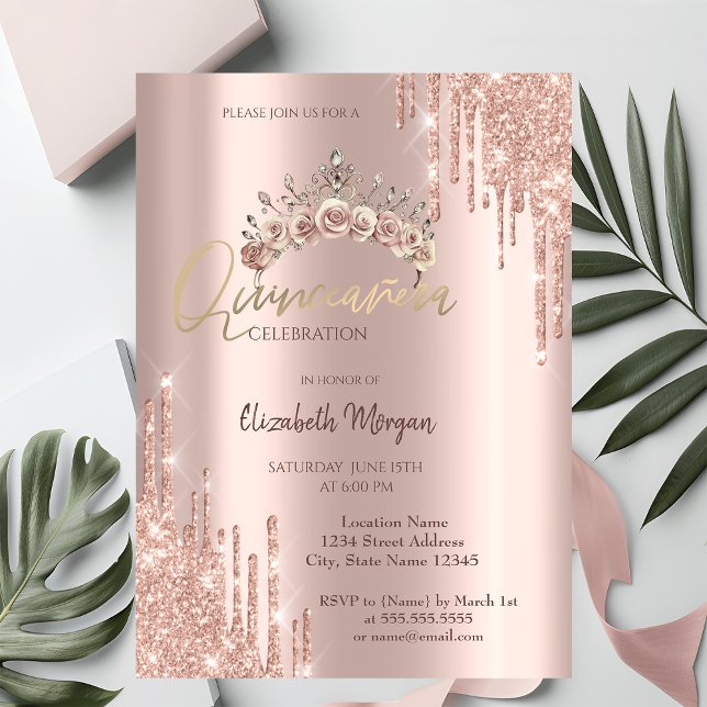 Invitación Chic Rose Gold Floral Crown Drops Quinceañera  (Subido por el creador)