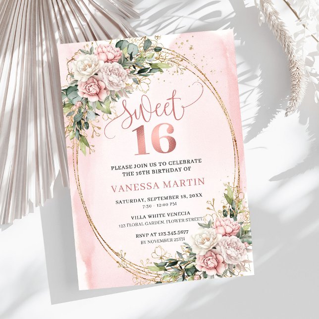 Invitación Chic Rose Gold Flowers and Greenery Sweet Sixteen (Rose Gold Flowers and Greenery Sweet Sixteen Invite)