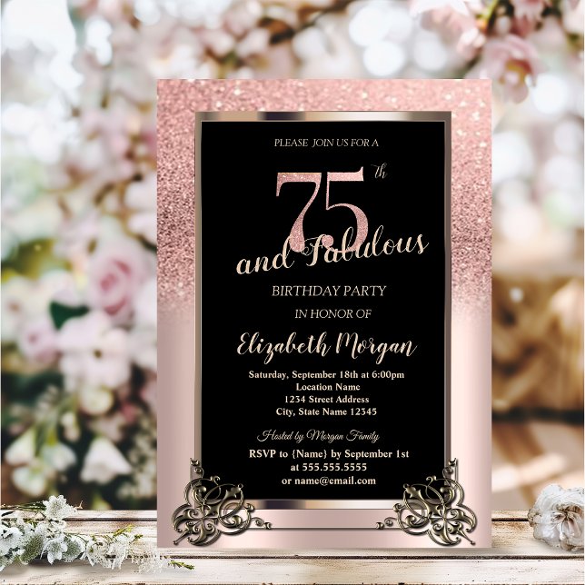 Invitación Chic Rose Gold Glitter Ombre 75th Birthday Party (Subido por el creador)
