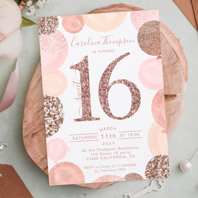 Invitación Chic rose gold glitter pink balloon Sweet 16 photo (Subido por el creador)
