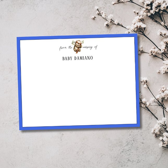 Invitación Chic Royal Blue Sloth Nursery Note Card (Subido por el creador)
