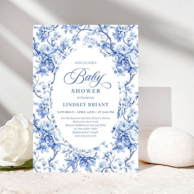 Invitación Chic Royal Blue Toile de Jouy Baby Shower Invite (Chic Royal Blue Toile de Jouy Baby Shower Invite)