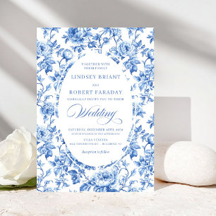 Invitación Chic Royal Blue Toile de Jouy Romántico Boda