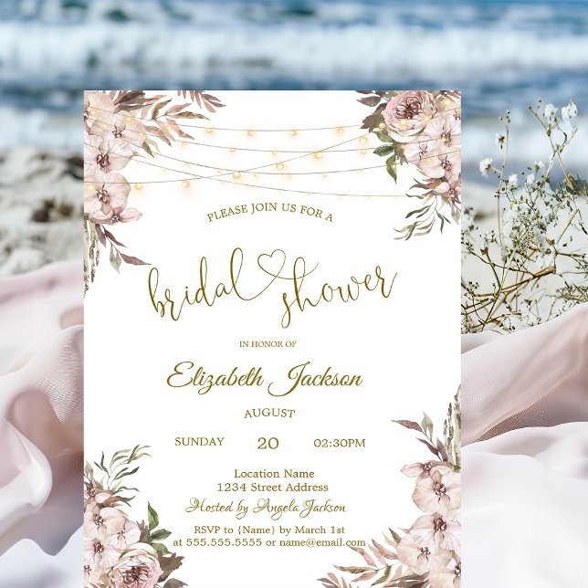 Invitación Chic Rustical Flowers String Lights Bridal Shower (Subido por el creador)