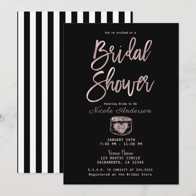Invitación Chic Rústico Rosa Dorado Rayas Rosa Despedida de S (Anverso / Reverso)