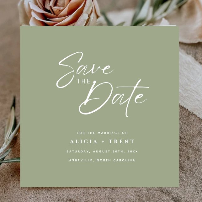 Invitación Chic Sage Green & White Calligraphy Save the Date (Subido por el creador)