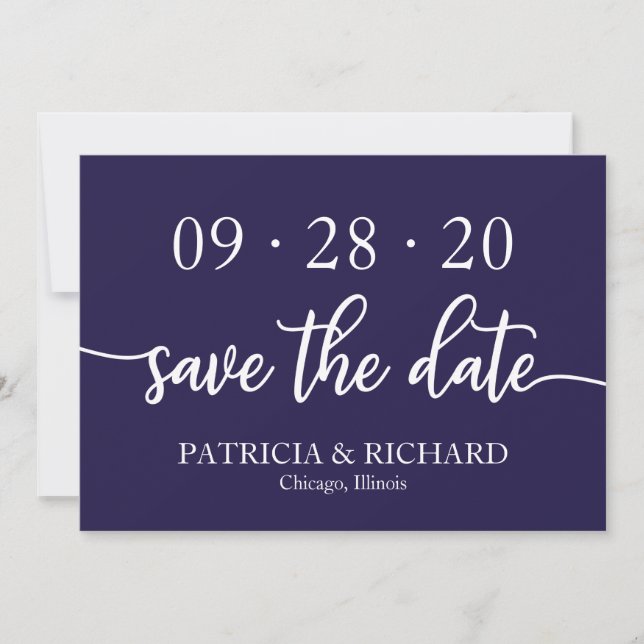 Invitación Chic Script Azul Marino Ahorra la Fecha de Boda (Anverso)