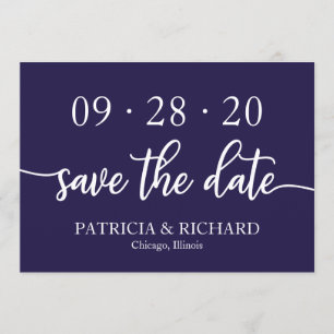 Invitación Chic Script Azul Marino Ahorra la Fecha de Boda