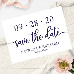 Invitación Chic Script Azul Marino Blanco Boda Guardar la Fec