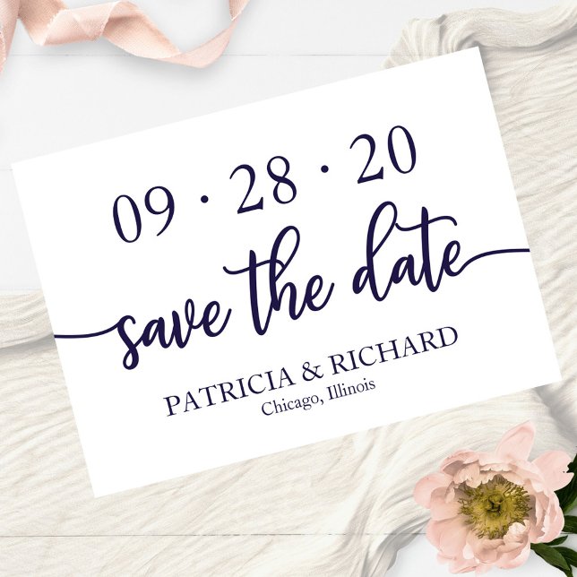 Invitación Chic Script Azul Marino Blanco Boda Guardar la Fec (Subido por el creador)