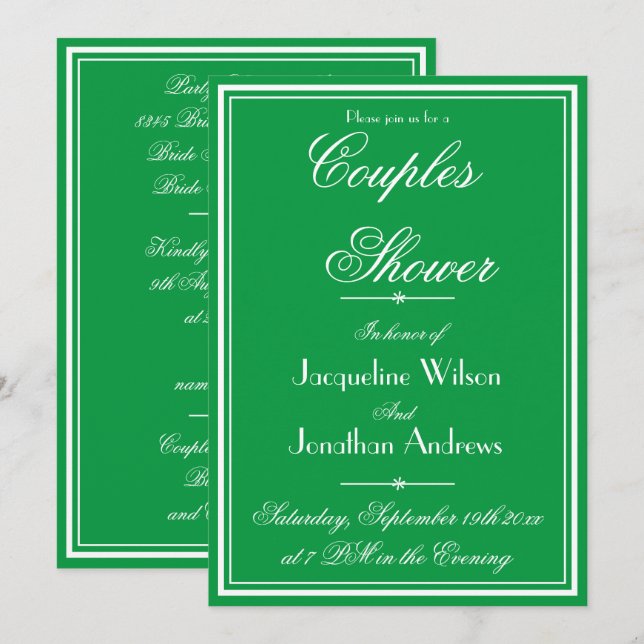 Invitación Chic Script Blanco en Ducha de Parejas Verde Esmer (Anverso / Reverso)