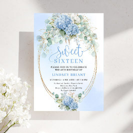 Invitación Chic Script Blue Hydrangea Gold Sweet Sixteen