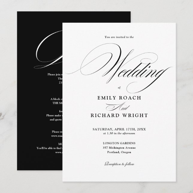 Invitación Chic Script Boda Todo En Uno Negro Y Blanco (Anverso / Reverso)