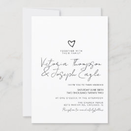 Invitación Chic Script Corazón Inclinado Negro Blanco Boda  