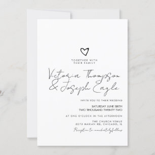 Invitación Chic Script Corazón Inclinado Negro Blanco Boda