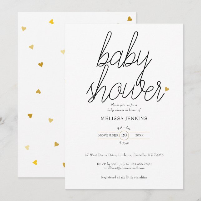 Invitación Chic Script Corazones Dorados Baby Shower / Confet (Anverso / Reverso)
