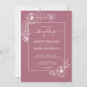Invitación Chic Script Floral Blanco Contorno Cassis Boda