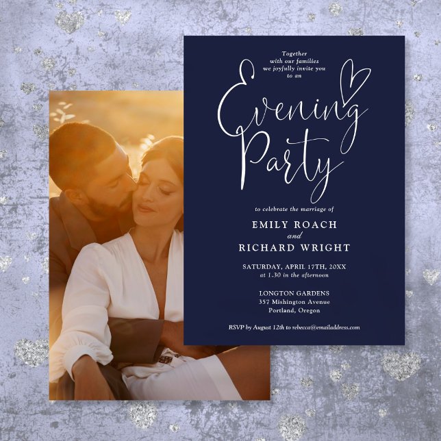 Invitación Chic Script Foto Azul Marino Boda Tarde Fiesta (Chic Script Photo Navy Blue Wedding Evening Party Invitation)