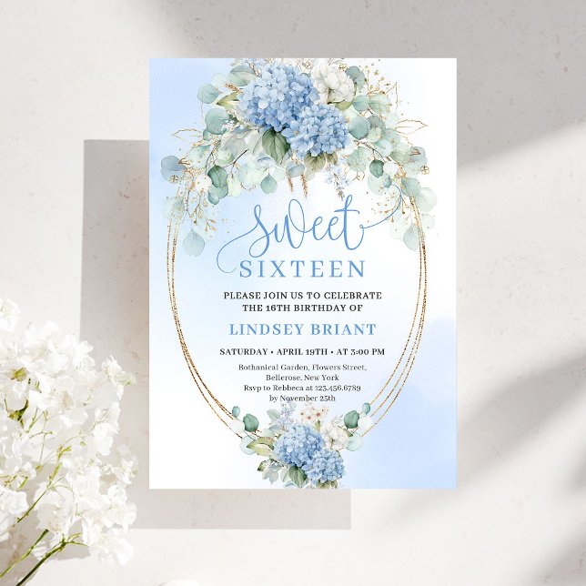 Invitación Chic Script Hydrangea Azul Cumpleaños Dieciséis Do (Chic Script Blue Hydrangea Gold Sweet Sixteen)