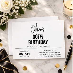 Invitación Chic Script Negro Cumpleaños 30 Elegante y Moderno