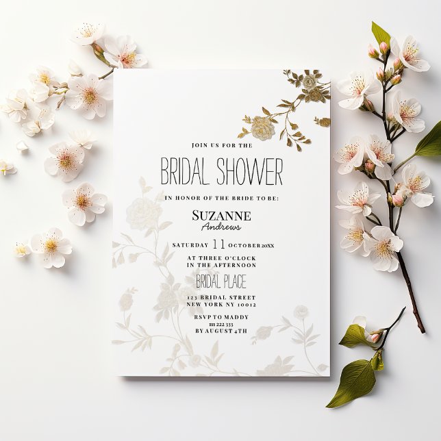Invitación Chic sencillo regadera floral de brillo de oro bla (Simple chic white gold glitter flora Bridal Shower)