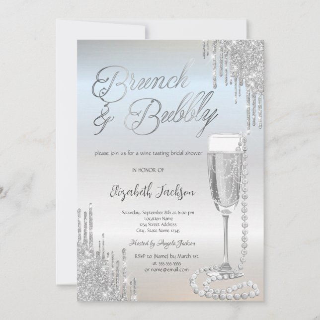 Invitación Chic Silver Drips Perlas Bridal Shower Prosecco (Anverso)
