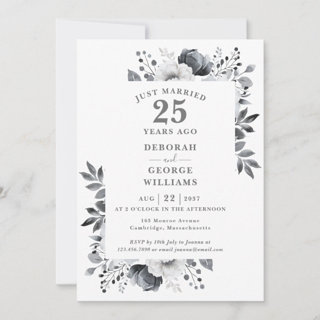 Invitación Chic Silver Floral Bodas de Plata 25 Aniversario  (Anverso)