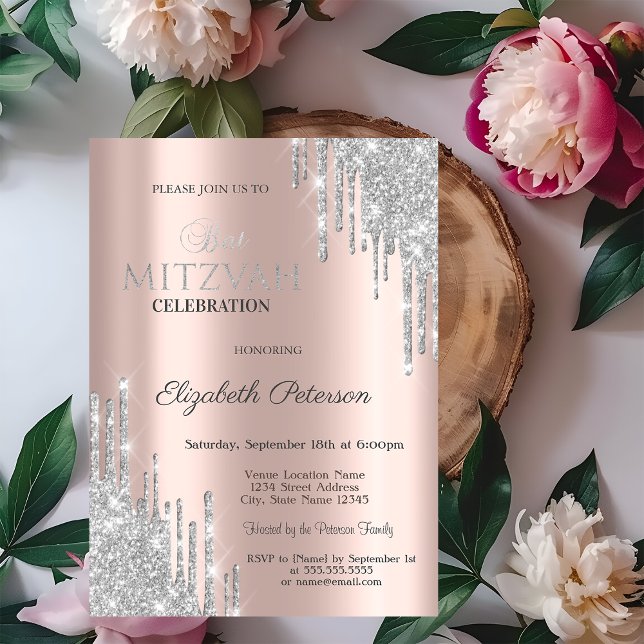 Invitación Chic Silver Glitter Drips Rosa Dorado Bat Mitzvah (Subido por el creador)