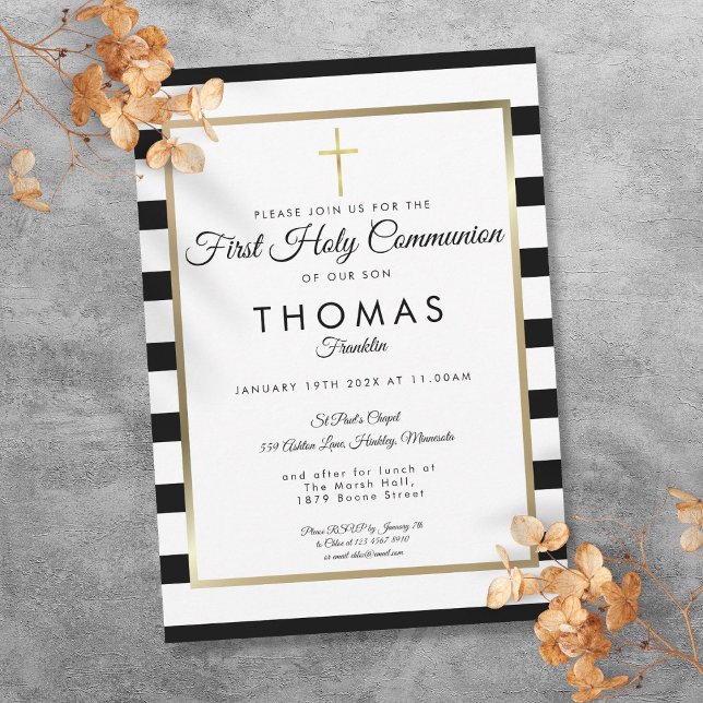 Invitación Chic Simple Cruz Dorada Primera Comunión (Chic Simple Gold Cross First Holy Communion Invitation)