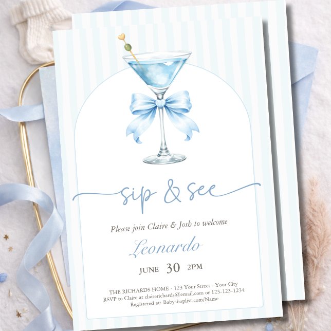 Invitación Chic Sip and See Dusty Blue Stripes Baby Arch (Subido por el creador)