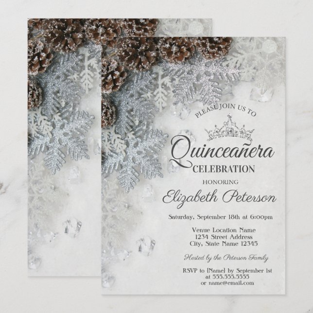 Invitación Chic Snowflakes Pine Cones Quinceañera  (Anverso / Reverso)