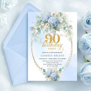 Invitación Chic Soft Blue Floral Eucalipto Cumpleaños 90