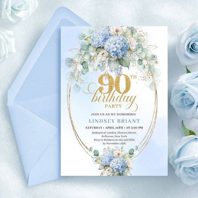 Invitación Chic Soft Blue Floral Eucalyptus 90th Birthday (Chic Soft Blue Floral Eucalyptus 90th Birthday)