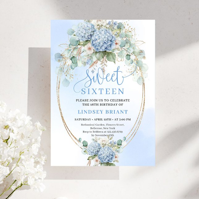 Invitación Chic Soft Blue Floral Gold Sweet 16 Birthday Party (Soft Blue Floral Gold Sweet 16 Birthday Party Invite)