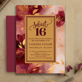 Invitación Chic Sweet Sixteen Burgundy Roses Gold Invitation
