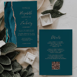 Invitación Chic Teal Rose Gold Agate QR Code Wedding