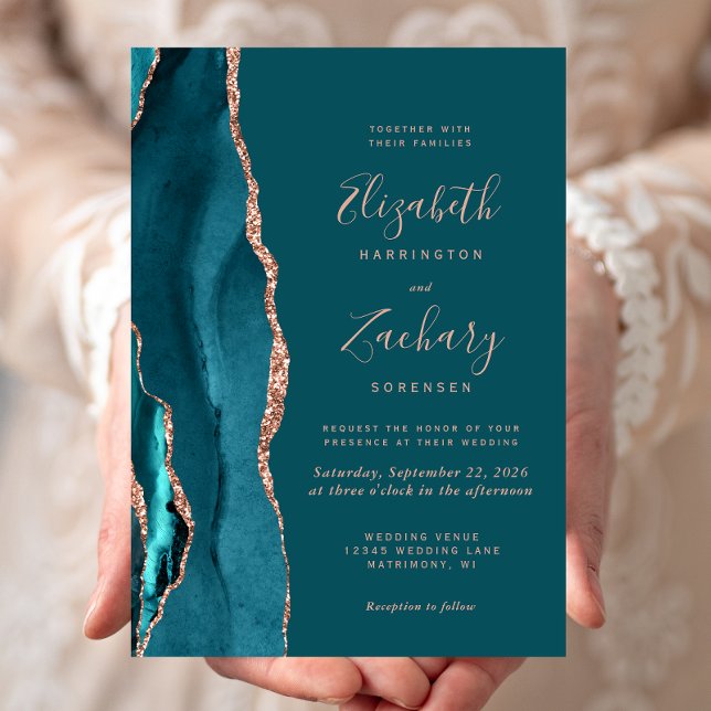 Invitación Chic Teal Rose Gold Agate Wedding (Subido por el creador)
