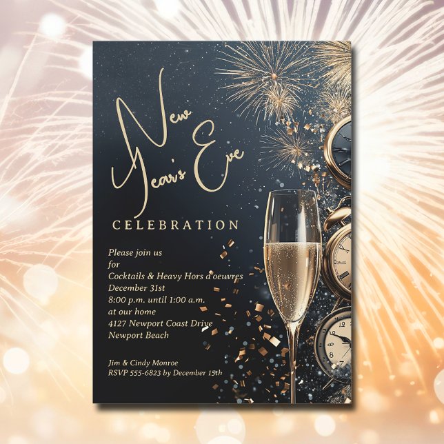 Invitación Chic Tiempo de Champagne Nochevieja (Chic Champagne and Clocks New Year's Eve party invitations, PRINTED and/or INSTANT DOWNLOAD)