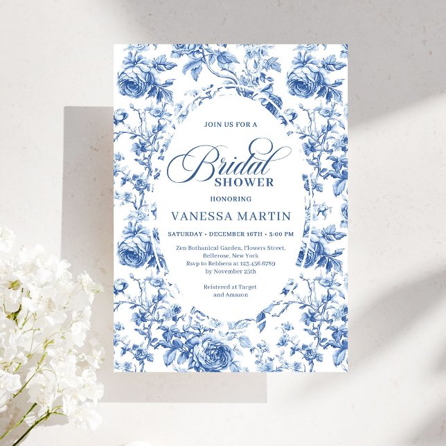 Invitación Chic Timeless Navy Chinoiserie Toile Bridal Shower (Timeless Navy Chinoiserie Toile Bridal Shower Invitation)