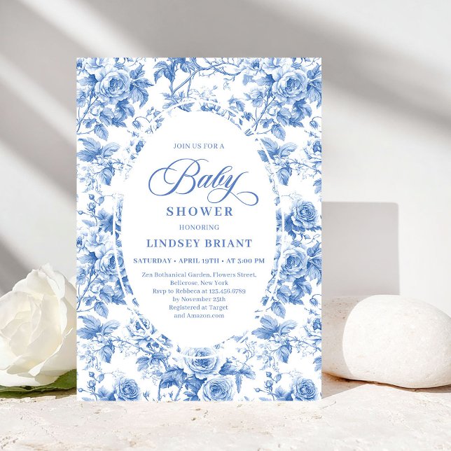 Invitación Chic Timeless Royal Blue Toile de Jouy Baby Shower (Timeless Royal Blue Toile de Jouy Baby Shower Invite)