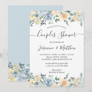 Invitación Chic Vainilla Azul Floral Baño de Esposos