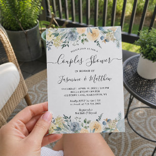 Invitación Chic Vainilla Azul Floral Baño de Esposos