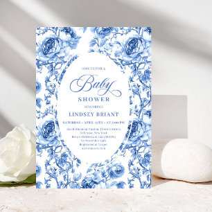 Invitación Chic Vintage Azul Marino Toile de Jouy Rosas Baby