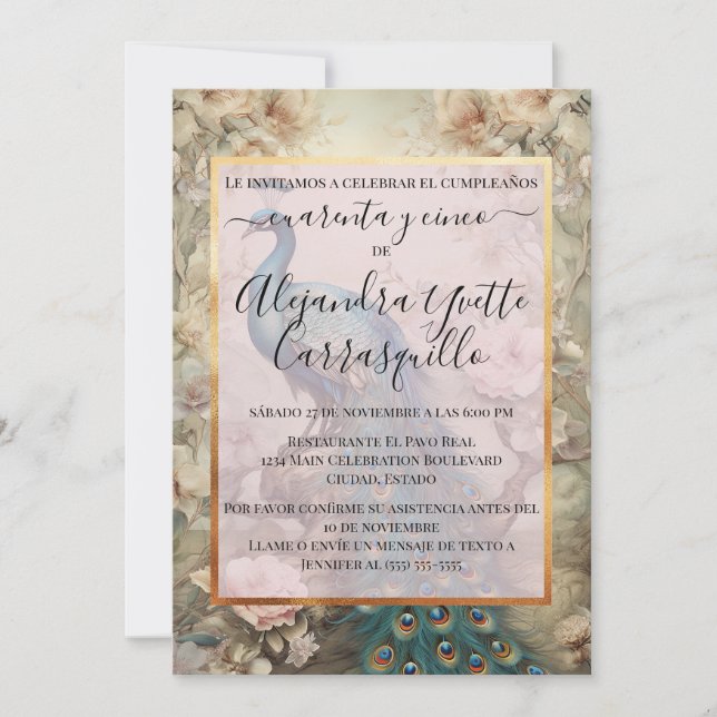 Invitación Chic Vintage Español Cumpleaños 45 Pavo Real (Anverso)