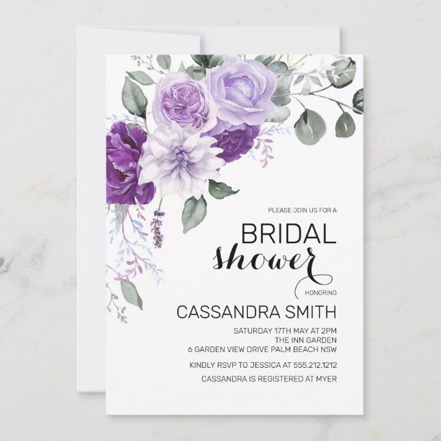 Invitación Chic Violeta Floral Verde Bodas de Novia Ducha  (Anverso)