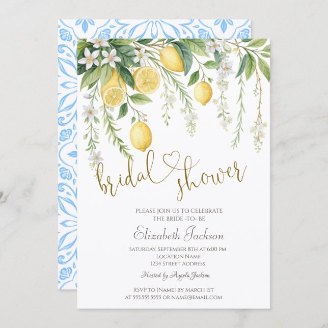 Invitación Chic Watercolor Blooming Lemons Bridal Shower  (Anverso / Reverso)